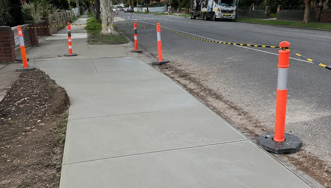 Freshly poured concrete footpath along a Melbourne street behind safety bollards