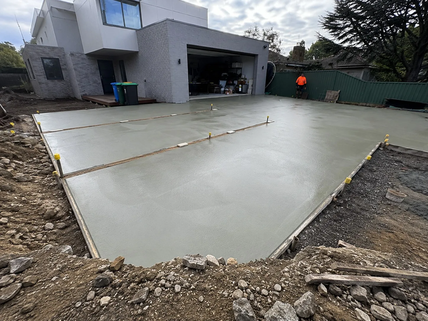 Large freshly poured concrete slab set out on a Melbourne building site