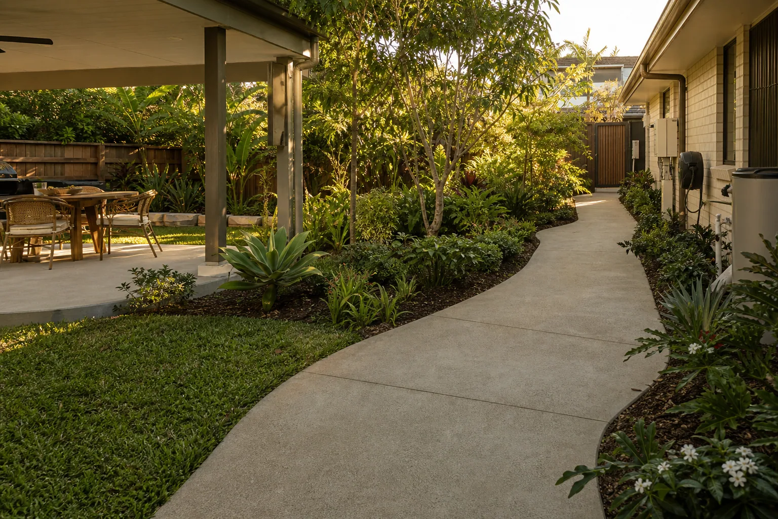 Concrete pathway linking outdoor living and side access at a Melbourne home